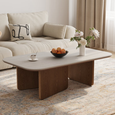 51.2" Brown Wood Coffee Table with Stone Top, Adjustable Walnut Legs & Beige Sintered Stone Surface