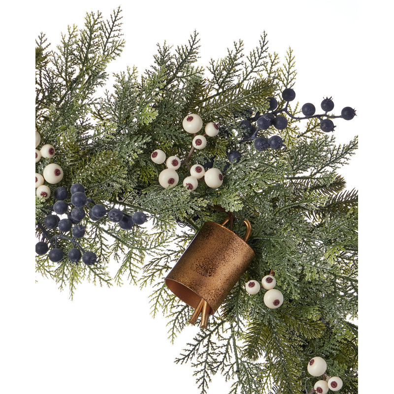Mixed Mica Foliage with Blueberries and Harmony Bells 30in Wreath Pre-Lit Fairy Lights B/O