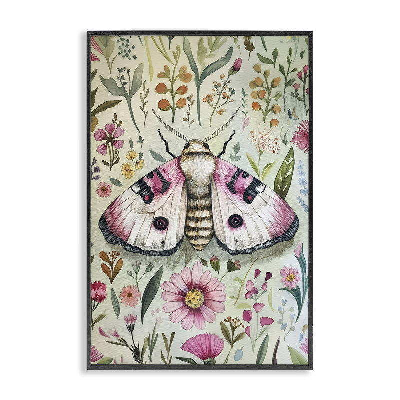 «Moth over Floral Herbs», estampe numérique, design par The Dutch Lady, H 18 po x l 12 po, Giclée encadrée noir minuit