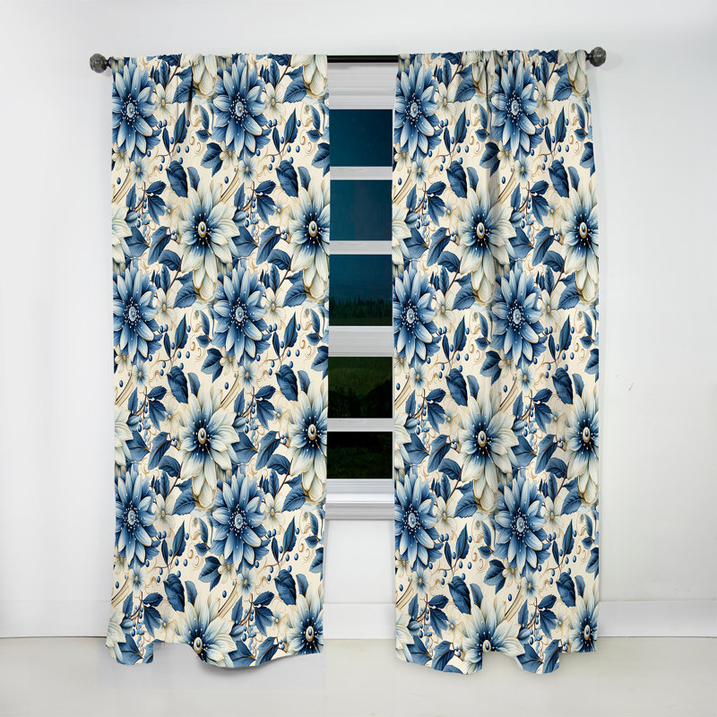 Tranquillité blanche et bleue - Rideau floral - Rideau obscurcissant - 1 panneau, L 52 po x L 95 po