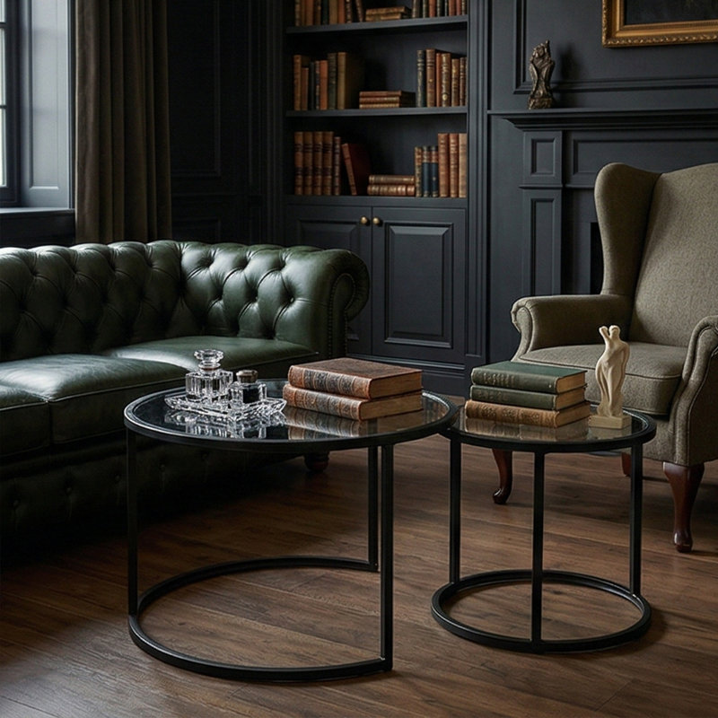 2-Piece Industrial Chic Glass & Metal Nesting Coffee Table Set