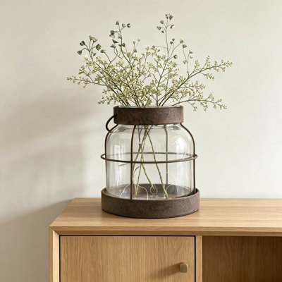 Vintage Glass Farmhouse Vase, Rustic Lantern Decor With Faux Greenery And LED Lights, Farmhouse Style Glass Jar Vase For Home Decor, Floral Arrangements, And Housewarming Gift