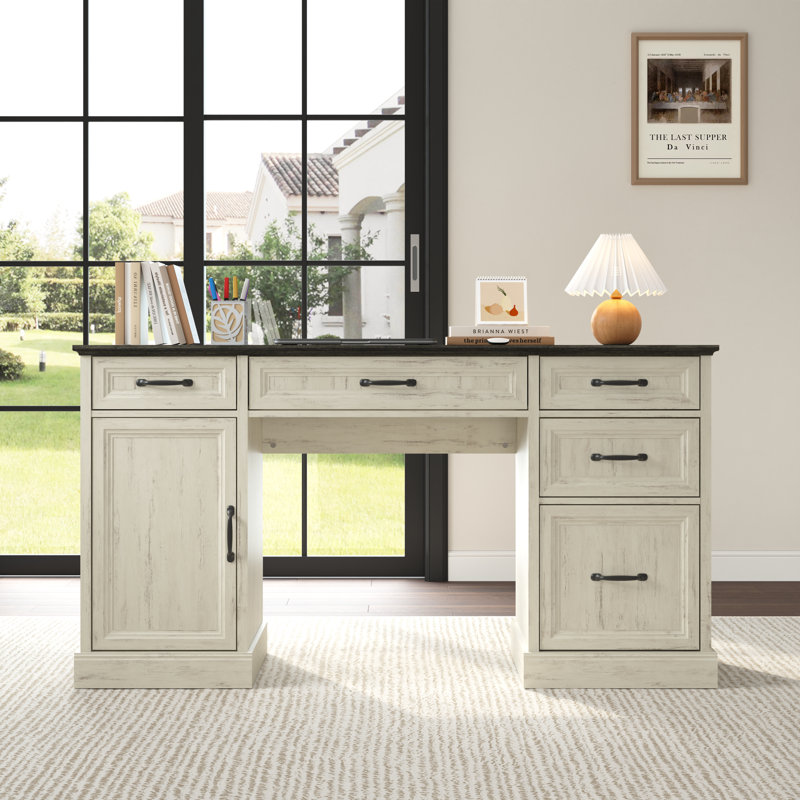 Modern Home Office Set – Desk with 6 Drawers & Tall Storage Cabinet, Matching MDF Furniture, Anti-Tip Design, Easy Assembly