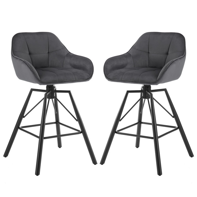 Mukesh Swivel Upholstered Velvet Bar Stool with Steel Frame, Dark Grey
