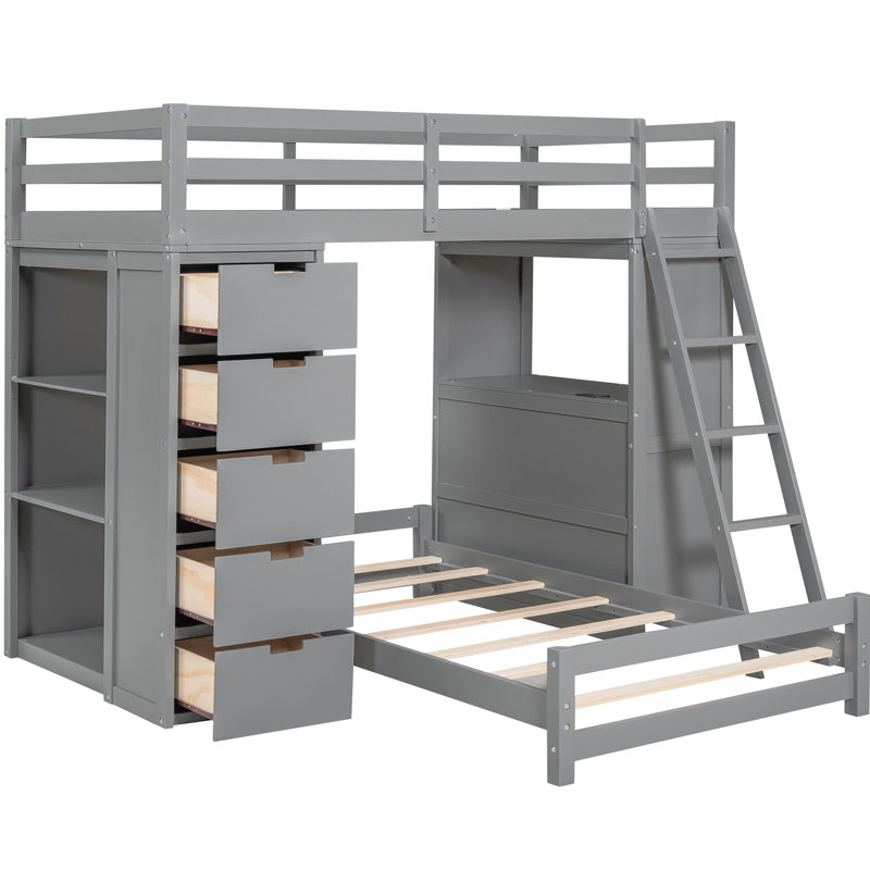 Lit simple superposé - pratique avec bureau et ports à DEL, Gris