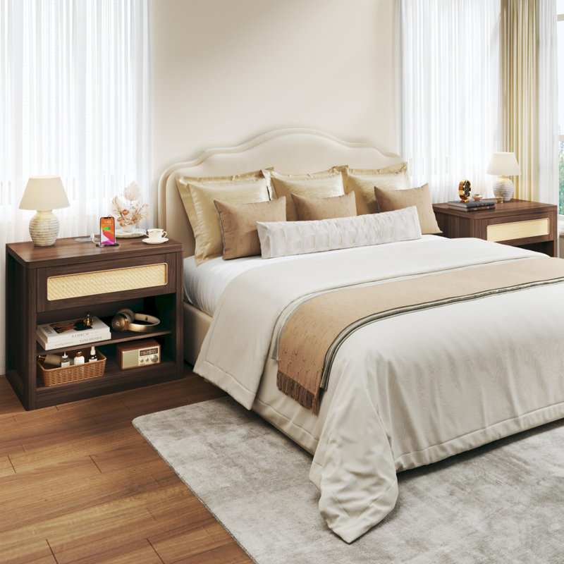 26" W Rattan Nightstand With Wireless Charging