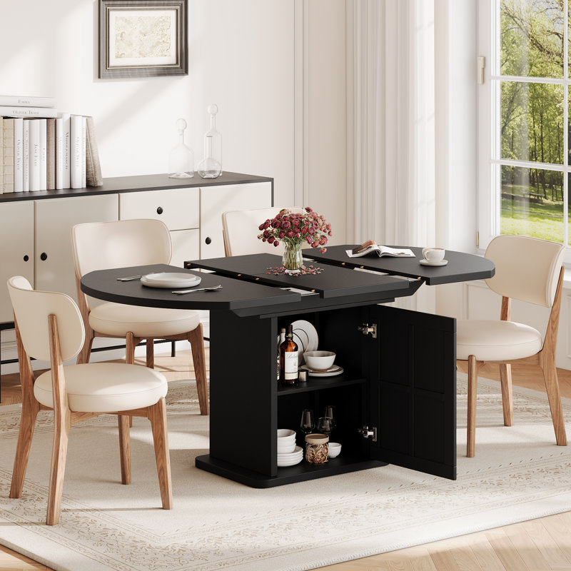  Table de salle à manger extensible ronde pour 4-6, table de cuisine moderne de 59 po avec étagère de rangement à 2 niveaux, porte en bois, panneau de fibres à densité moyenne, dîner ovale peu encombrant avec base à piédestal robuste, cuisine, salle à manger, noir