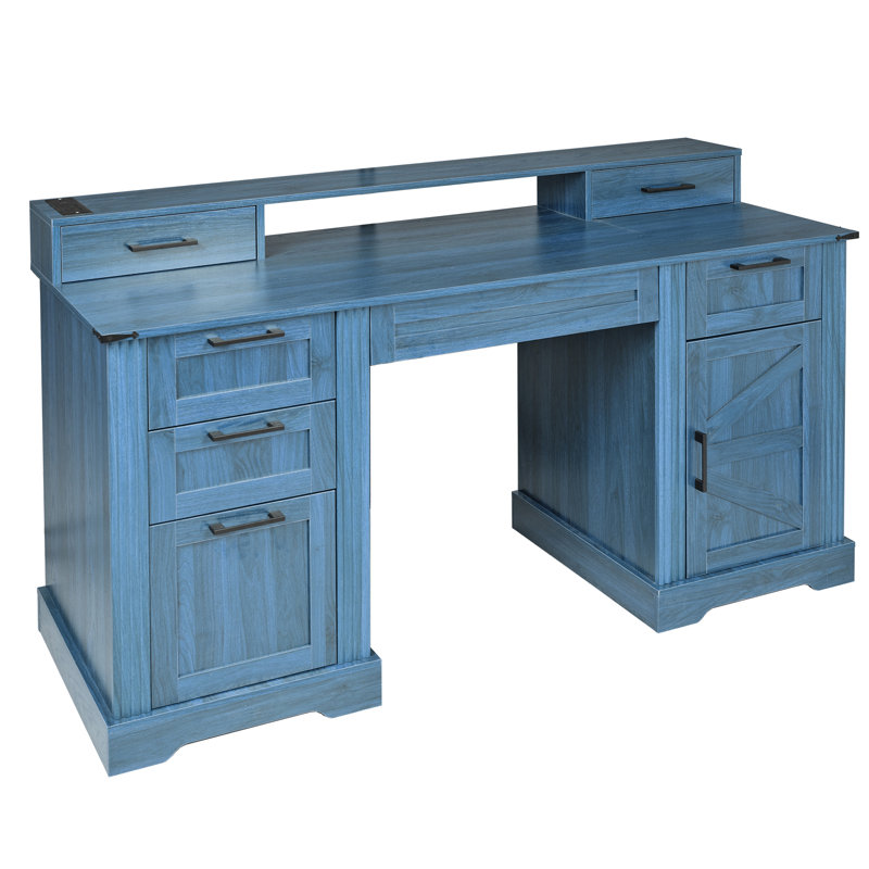 Bureau autoportant avec support pour écran, Bleu