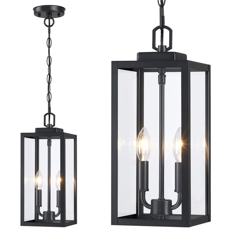 15'' Large Outdoor Pendant Light 2-Light, Modern Black Metal Outside Chandelier Exterior Hanging Fixture Ceiling Mount With Clear Glass For Front Porch Entrance Foyer Entryway, 1 Pack