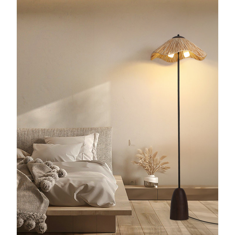 Lampe sur pied rétro en rotin, bois massif et fer forgé