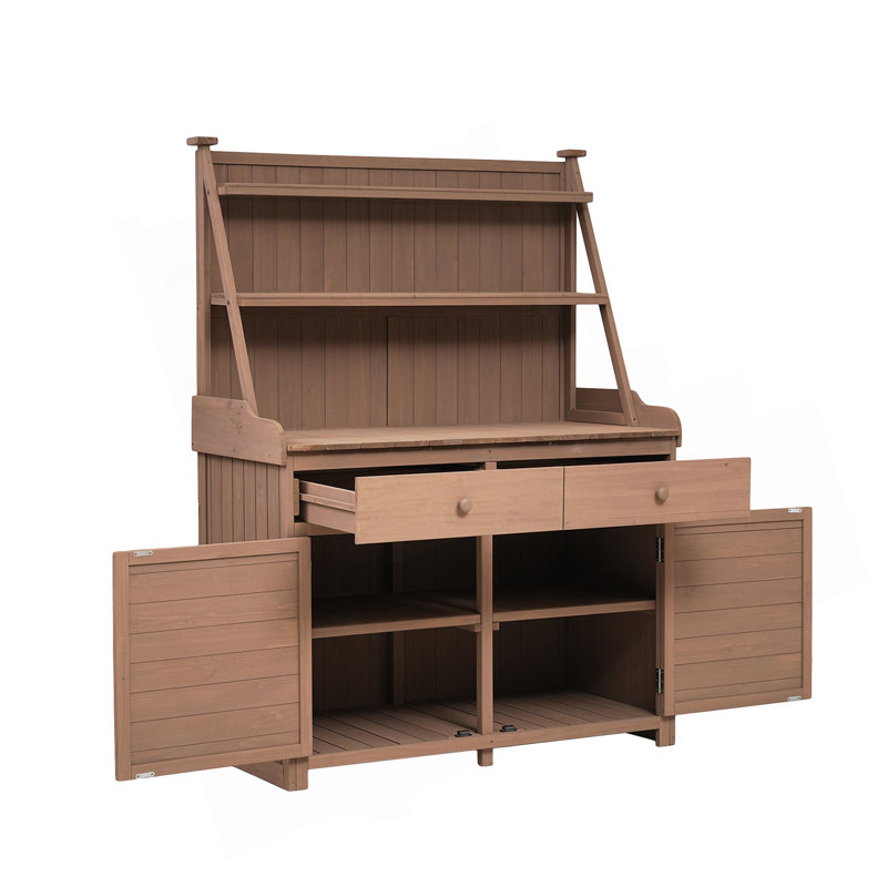 Table de jardin en pot en bois de sapin avec tablette de rangement, tiroir et armoire