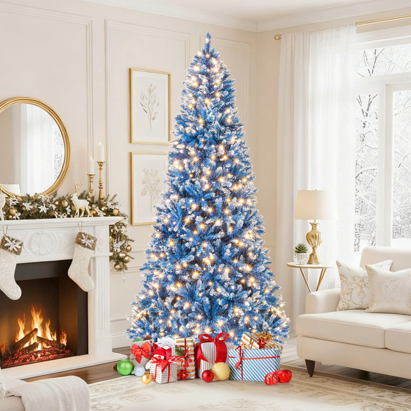  Arbre de Noël artificiel à charnière bleu 8 pi avec embouts en PVC givré 1458, H 8 pi