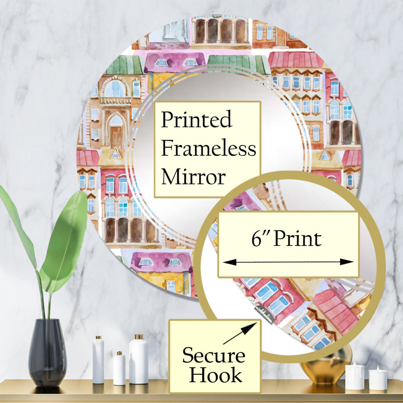Lumineux façade de vieux bâtiment dans la vieille Europe - Miroir mural à motif rond, 32 po x 32 po