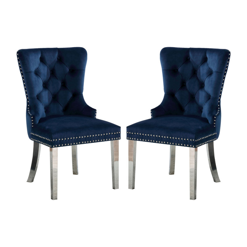 Ensemble de 2 chaises à oreilles avec dossier capitonné bleu et chrome