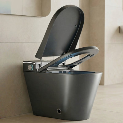 Toilette intelligente une pièce avec bidet intégré, siège à ouverture / fermeture automatique, laveuse et sécheuse à eau chaude, siège chauffant, veilleuse, capteur de pied, télécommande, gris