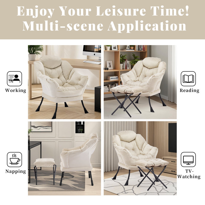Upholstered Armchair with Footstool, Beige