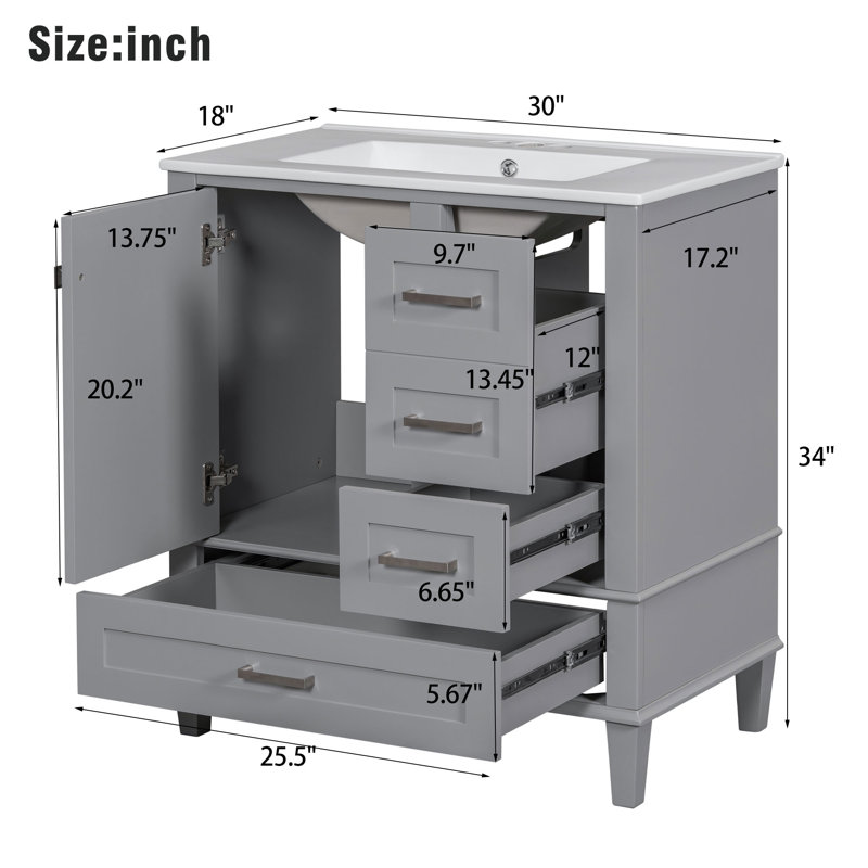30 in. Grey MDF Freestanding Single Sink Bath Vanity with White Ceramic Top
