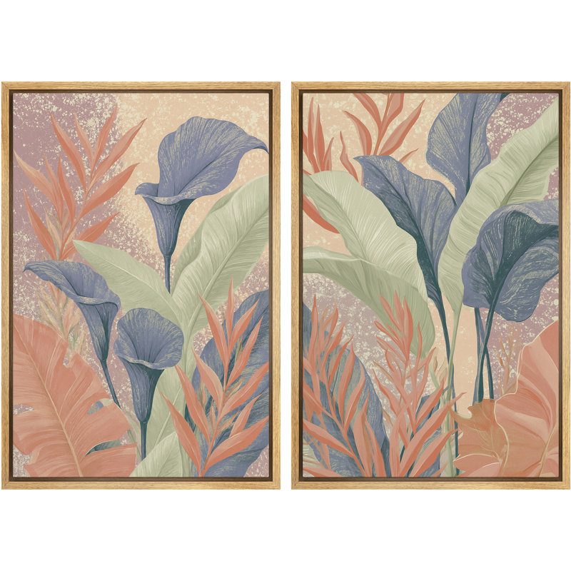«Peach Blue Tropical Leaf Botanical Art», photos de salon, impression sur toile encadrée, 2 pièces, Cadre naturel