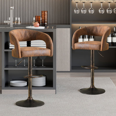 George Set of 2 Adjustable Bar Stools with Backs Arms, Modern PU Leather Swivel Counter Height Stools with Footrest, Kitchen Island Chairs for Dining Room, Home Bar, Cafe, Brown