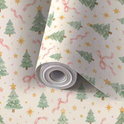 Papier peint adhésif décoratif à décoller et à décoller, motif sapin de Noël, rubans roses et étoiles dorées, tons pastel doux, amovible et autocollant. Idéal pour les locataires, à poser soi-même dans une chambre, un salon, une cuisine ou une salle de bain. Parfait pour décorer un mur d'accent.