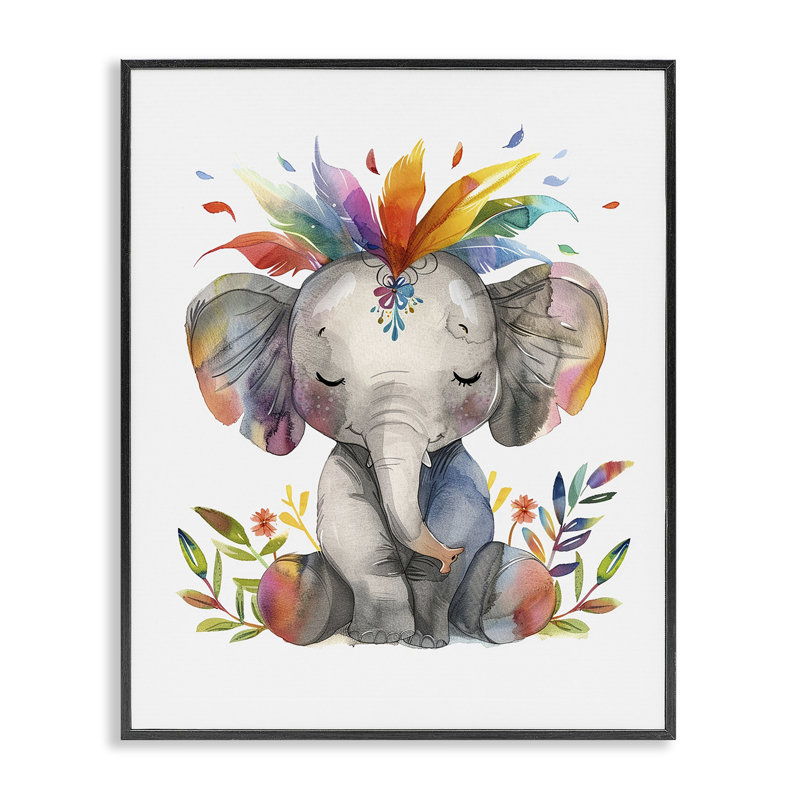  «Rainbow Blooms Elephant Giclee» par LSR Design Studio, H 14 po x l 11 po, Giclée encadrée noir minuit