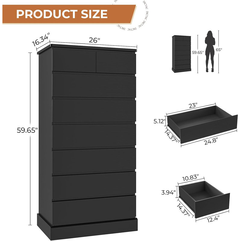 Bedroom Tall Dresser With 8 Drawers, 59.6 Inch Tall Dresser And Chest Of Drawers, Modern Wooden Closet Organizer And Storage, Large Vertical Dresser For Bedroom, Closet, Hallway