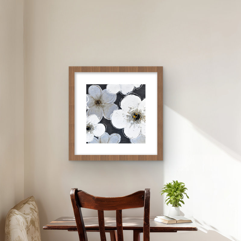 Fleurs grises - reproduction botanique contemporaine encadrée pour la décoration, Brun, H 16 po x l 16 po