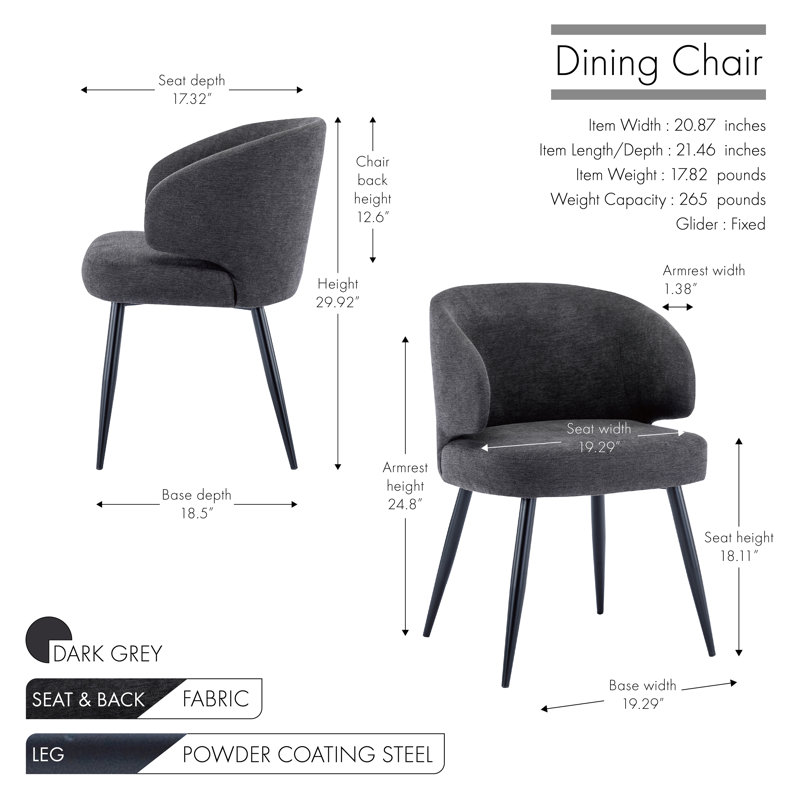 Emireth Fabric Upholstered Dining Chair with Steel Legs, Dark Gray