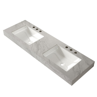 60"  Carrara Grey Vein Sintered Stone Top&2 Undermount Ceramic Basins with 3 Standard Pre-drilled Faucet Holes, NO Cabinet, NO Faucet and Sink Cover