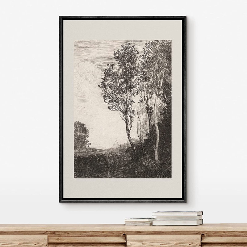 «Rustic Countryside Dark Country Tree Field Forest Nature - Floater Frame», impression sur toile, Noir
