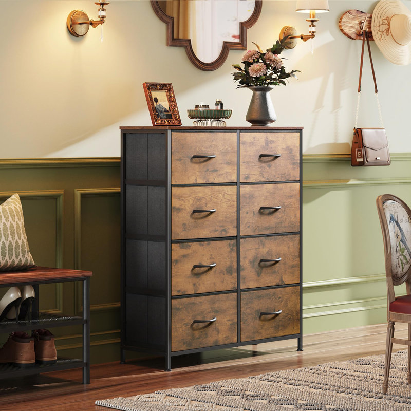 Tall Fabric Dresser With 8 Drawers For Bedroom Storage Tower With Fabric Bins, Double Dresser, Rustic Brown Wood Grain Print