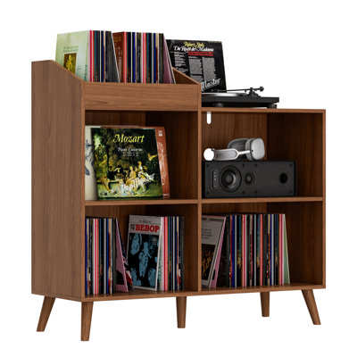 Large Record Player Stand With Power Outlet, Vinyl Record Storage Table Holds Up To 400 Albums, Mid-Century Turntable Stand For Living Room, Bedroom