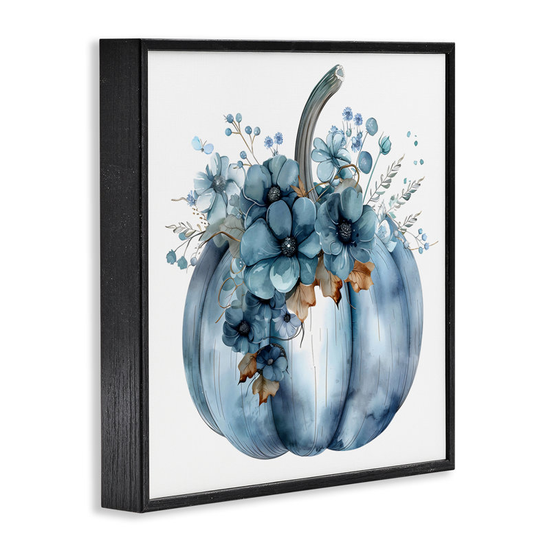 Giclée bleue citrouille avec fleurs, design by Creative Studio, Giclée encadrée noir minuit, H 12 po x l 12 po