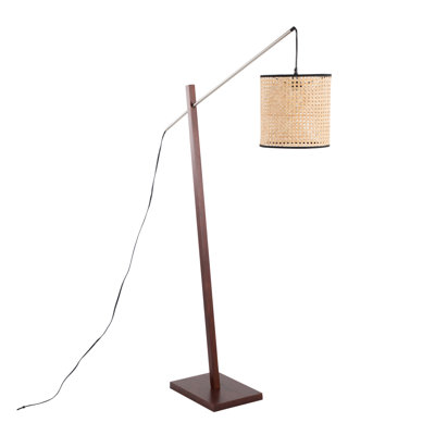 Arturo Contemporary Floor Lamp in Walnut Wood and Satin Nickel with Rattan Shade