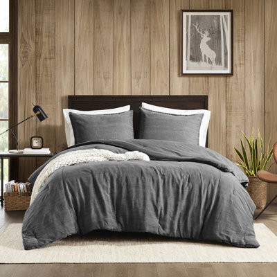 3 pièces d'édredon double / grand en coton gris - 100% coton respirant, coutures, rembourrage toutes saisons de style sergé délavé, sommeil doux
