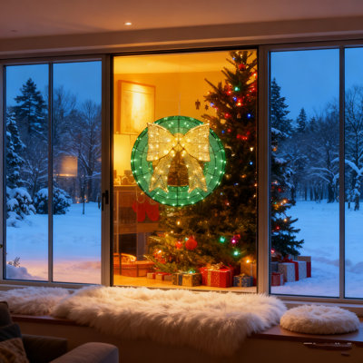 Décoration de guirlande de Noël, couronne en métal pré-éclairée avec nœud - construction robuste résistante aux intempéries, parfaite pour la porte d'entrée / patio / salon