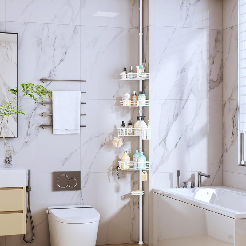 Organisateur de poteau de tension réglable pour support de douche avec porte-savon, porte-brosse à dents et 4 crochets, solution de rangement de salle de bain en acier inoxydable