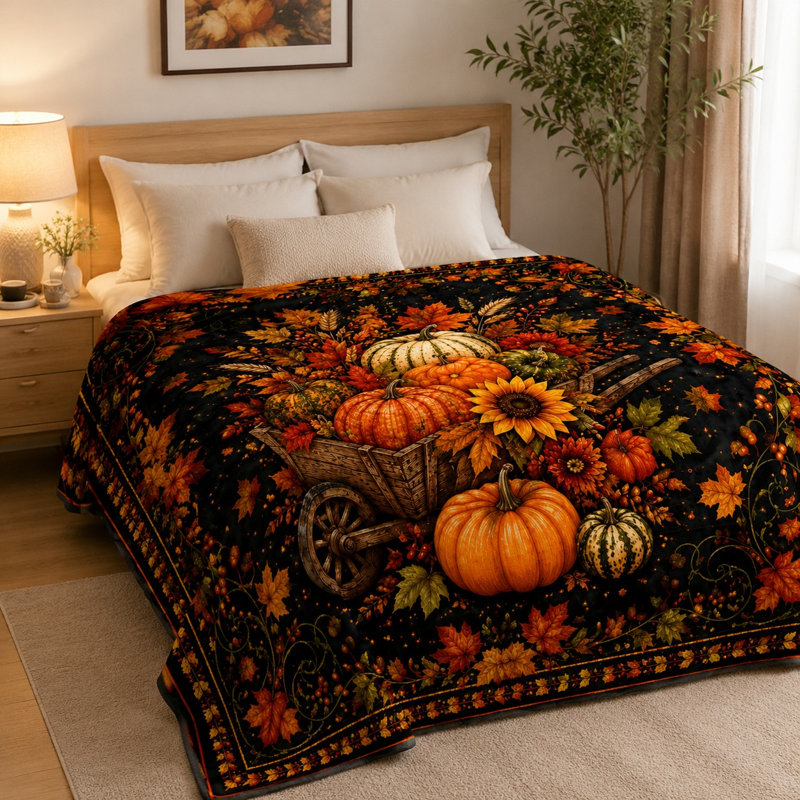 Couverture douillette d'automne à motif de brouette, jeté décoratif citrouille et feuilles d'automne pour canapé, chambre, salon, décoration intérieure