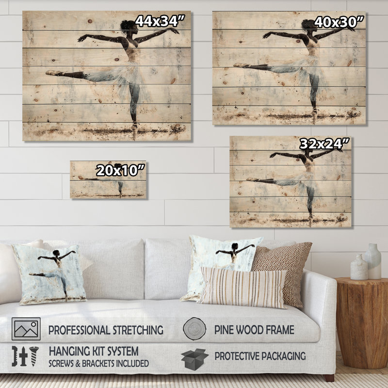 Arabesque Ballet Dance II - Glam Wooden Wall Art On Natural Pine Wood, 24" H x 32" W