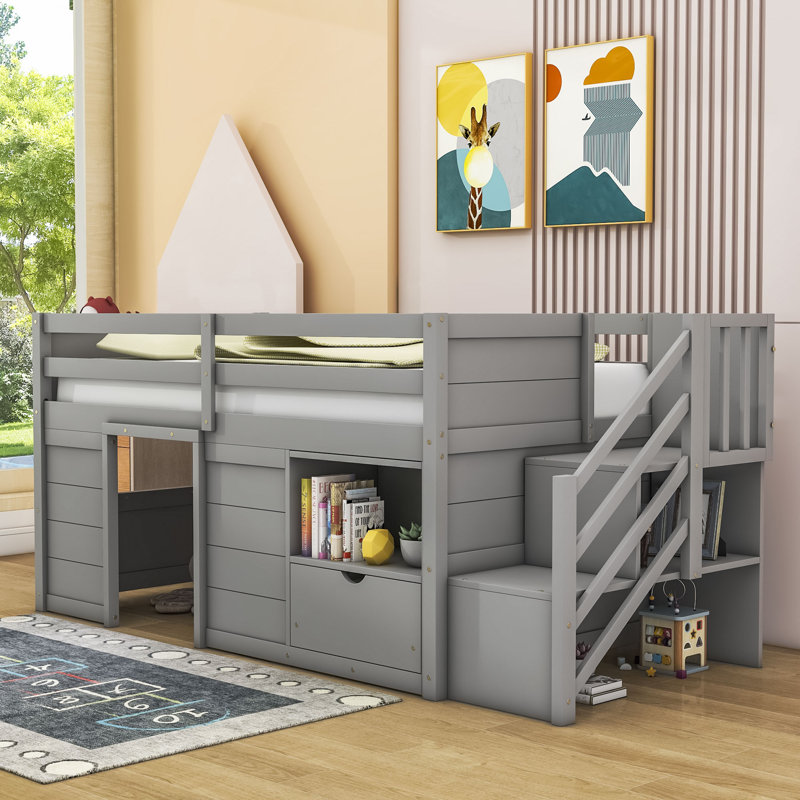Jadalyse Kids Twin 1 Drawers Wood Loft Bed with Shelves, Gray