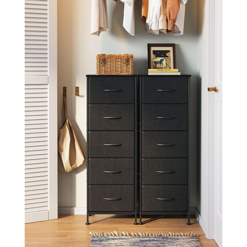Commode pour chambre à coucher avec 5 tiroirs de rangement, commode en tissu de 48 po de hauteur avec structure en acier robuste, noir