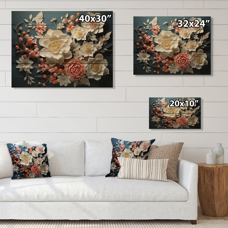Art asiatique, fleurs éternelles I sur bois, H 24 po x l 32 po x P 0,78 po