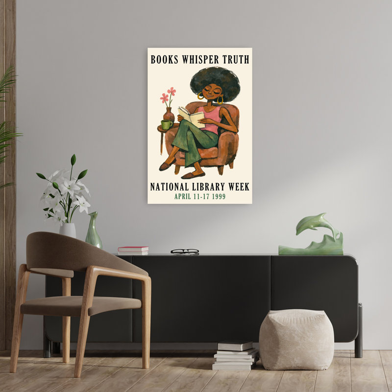 Femme afro lisant une fleur rétro rétro, art mural, 36" H x 24" W