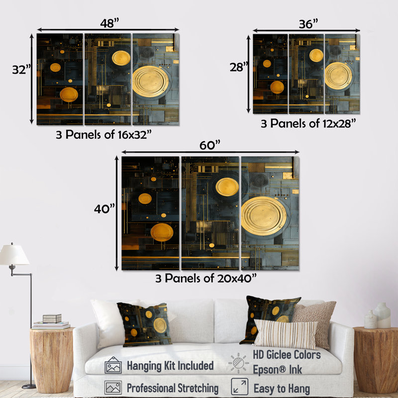 Golden Moon Art Nouveau Collage - ensemble de décoration murale géométrique, Toile tendue, H 32 po x l 48 po x P 1 po