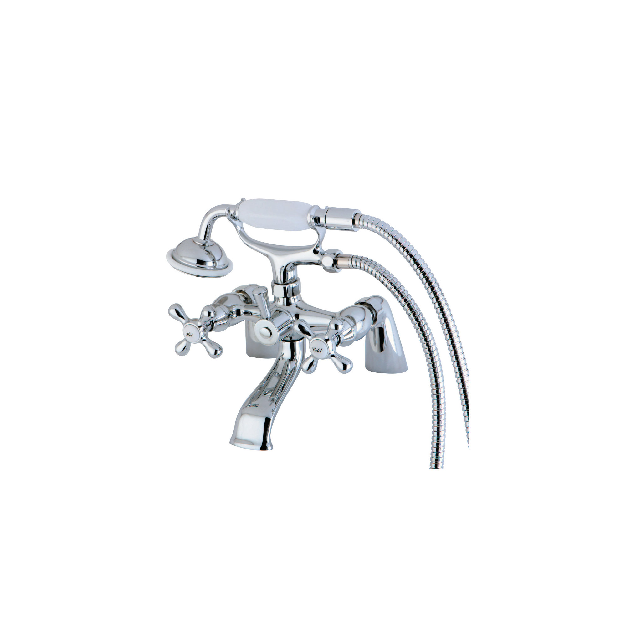 Kingston Brass Kingston Three-Handle 2-Hole Deck Mount Clawfoot Tub Faucet with Hand Shower, Polished Chrome