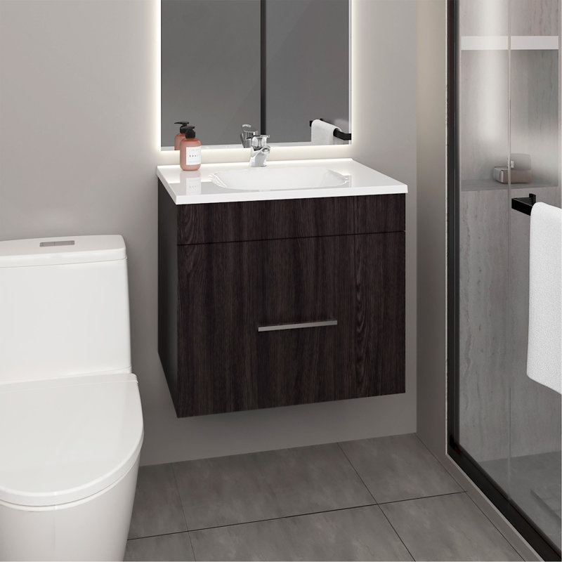 Meuble-lavabo à une porte, deux tiroirs et tablette ouverte, quincaillerie incluse, noir, Noir, Noir