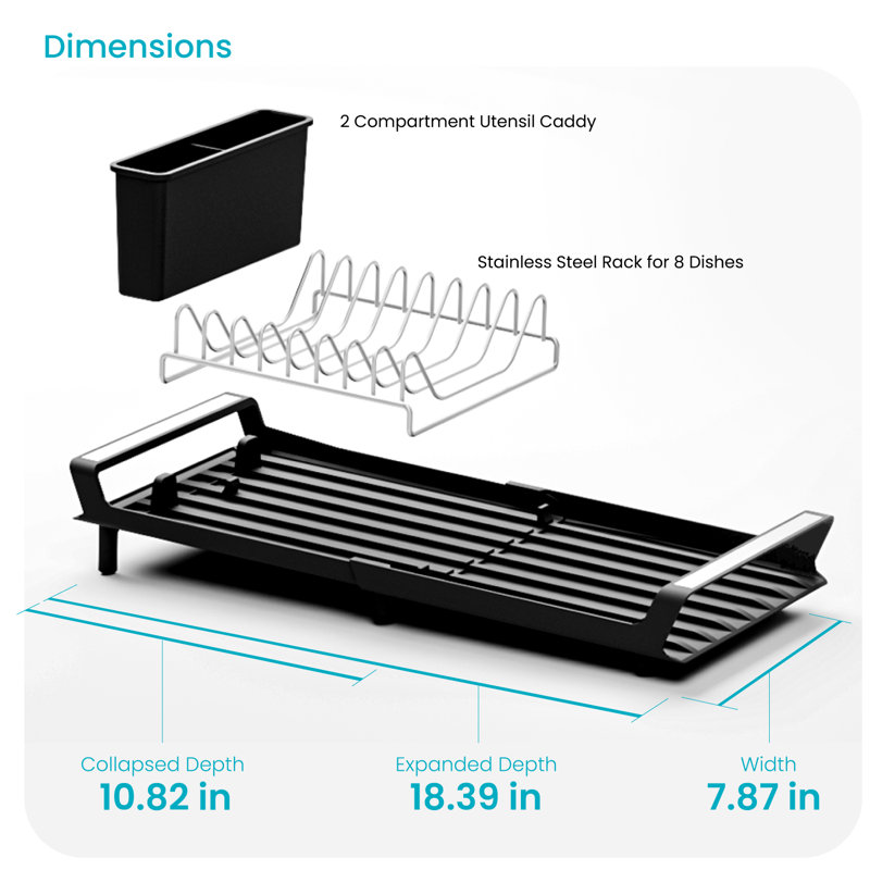 Home Zone Living Small Collapsible Dish Drying Rack with Angled Drain and Utensil Caddy