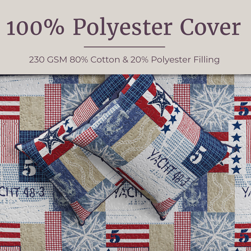 Lavish Home 2-Piece Quilt Set - Nautical Americana Patchwork Print All-Season Soft Microfiber Bedspread - Twin Bedding with Pillow Sham 