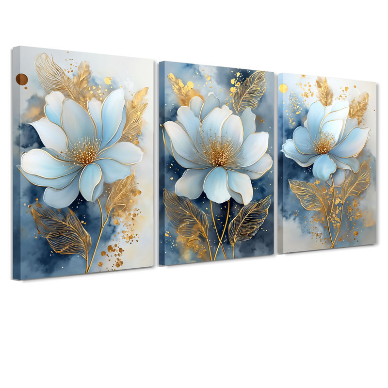 3 pièces d'art floral sur toile blanche et feuille d'or, H 36 po x l 72 po