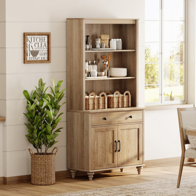 Scarlett Sideboard Cabinet With Bar Hutch, Farmhouse Sideboard Credenza For Dining Room, Modern Buffet Cabinet, Large Storage Cabinet With Wood Doors And 5 Tier Shelve, Oak